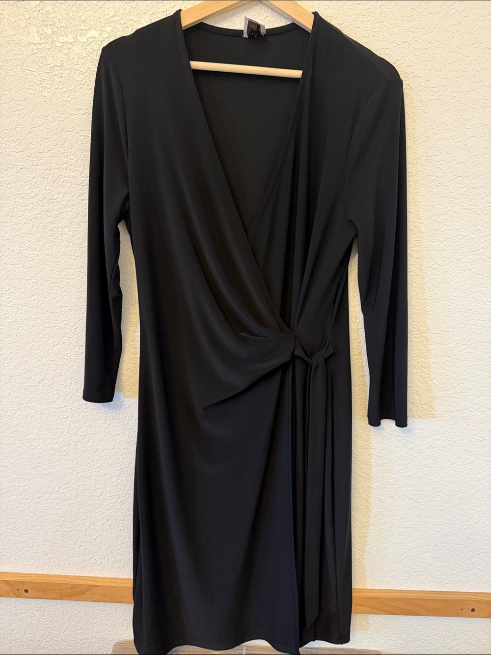 Anne Klein Black Long-Sleeve Faux Wrap Dress with Side Knot